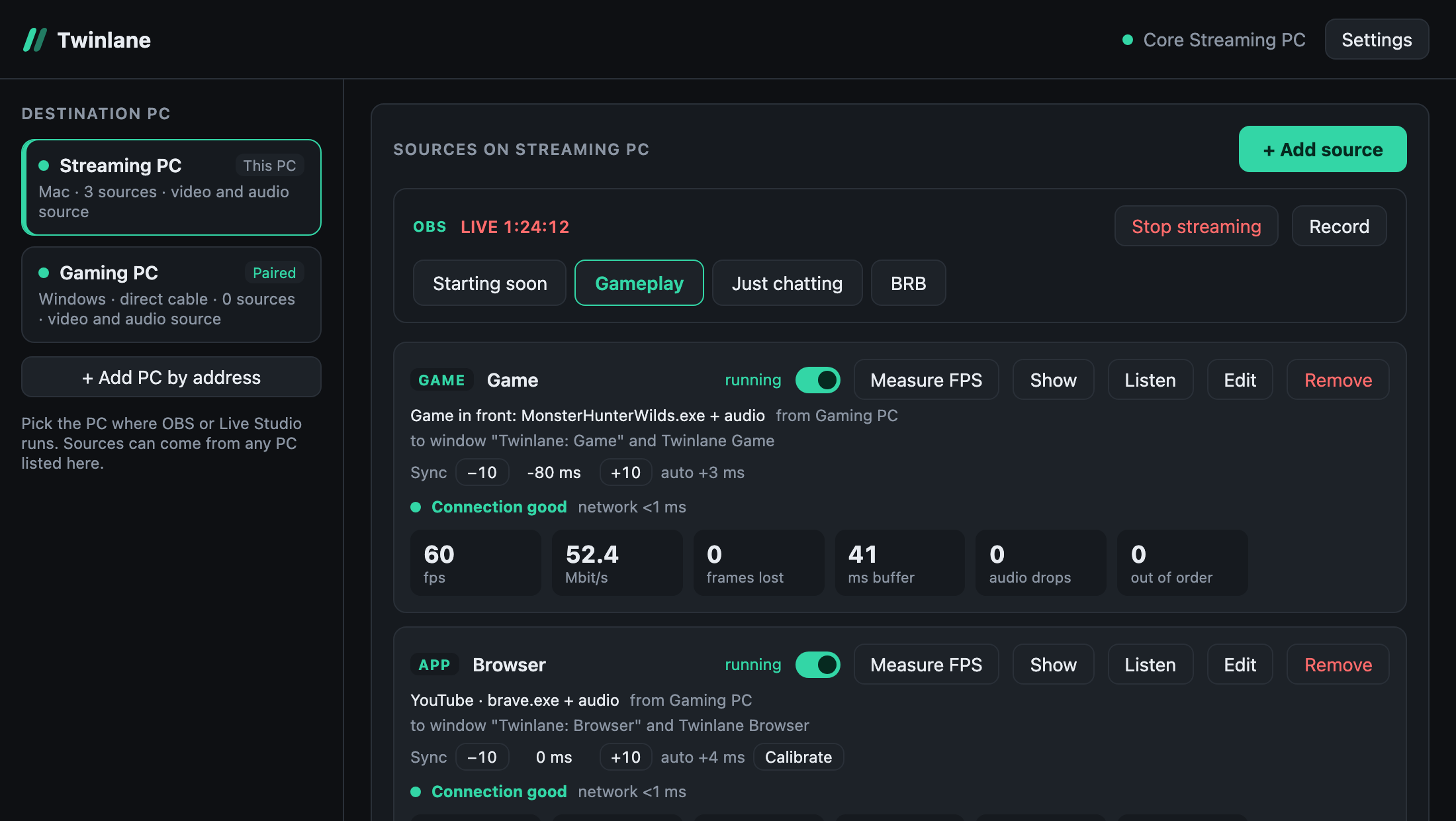 Twinlane showing a game source and a browser source sent from the gaming PC