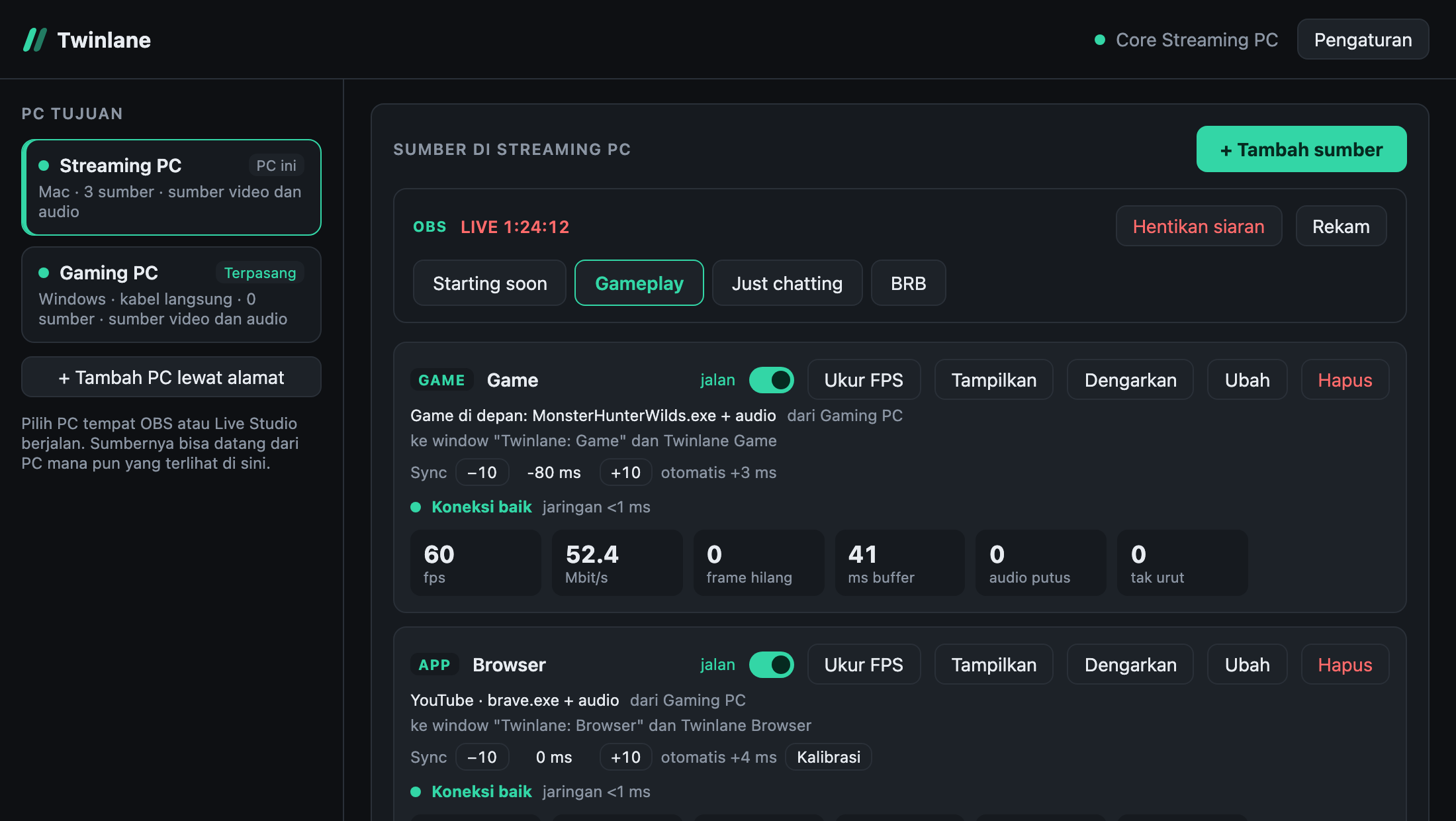 Twinlane menampilkan sumber game dan sumber browser yang dikirim dari PC gaming