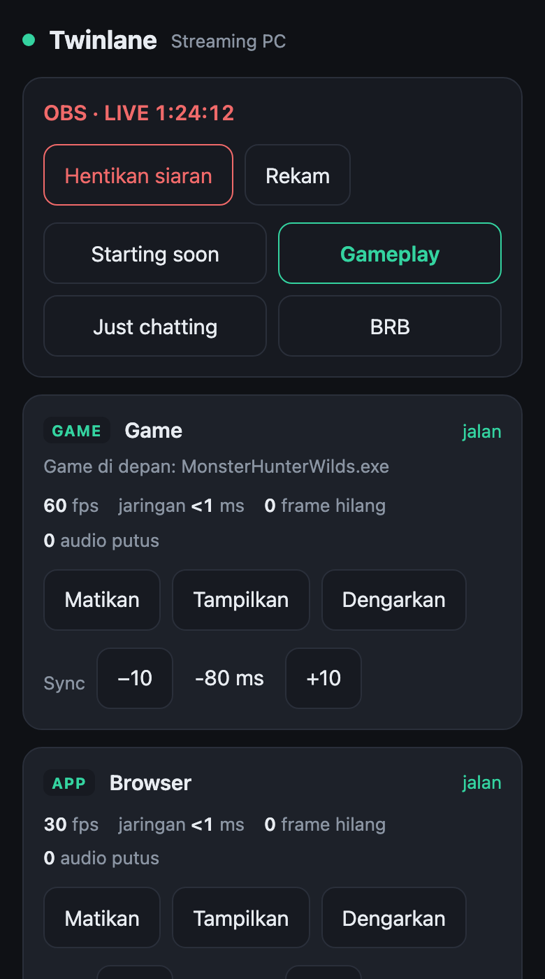 Halaman kontrol Twinlane di HP dengan scene OBS dan tombol siaran